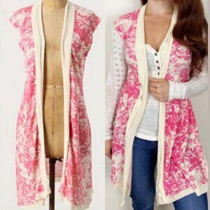 ANTHROPOLOGIE Pink Floral Duster Cardigan Festival Knit‎ Sweater Size Small Boho